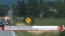 A Cornwall, VT, fire apparatus can be seen in a wooded area beside a roadway after a wreck that left a pickup driver dead and a firefighter injured on Sunday, Sept. 9, 2018. A Cornwall, VT, fire apparatus can be seen in a wooded area beside a roadway after a wreck that left a pickup driver dead and a firefighter injured on Sunday, Sept. 9, 2018.