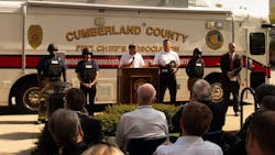 Cumberland County Fire Chiefs Association President Freddy Johnson Sr. speaks at a press conference on Tuesday, Sept. 4, 2018, to announce the purchase of ballistic vests for the county&apos;s volunteer fire departments.