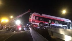 A bus can be seen dangling over a median gap on Interstate 95 after a wreck on Sunday, Sept. 9, 2018, in Jacksonville, FL. A bus can be seen dangling over a median gap on Interstate 95 after a wreck on Sunday, Sept. 9, 2018, in Jacksonville, FL.