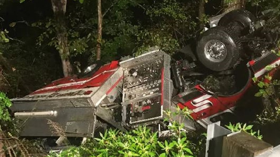 A Metal Township, PA, fire apparatus after it left a roadway and overturned on Sunday, Sept. 9, 2018.