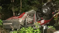 A Metal Township, PA, fire apparatus after it left a roadway and overturned on Sunday, Sept. 9, 2018.