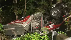 A Metal Township, PA, fire apparatus after it left a roadway and overturned on Sunday, Sept. 9, 2018.