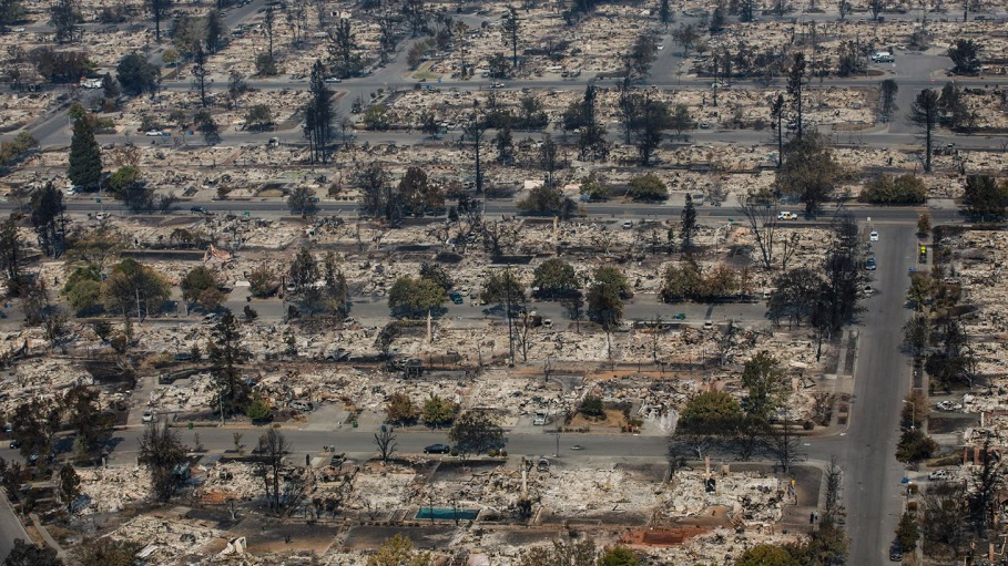 An aerial view of homes destroyed by the Tubbs Fire in Santa Rosa, CA, in October 2017.