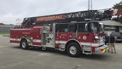 The South Portland Fire Department's brand new Pierce aerial ladder apparatus, which was damaged when a crew struck a power line with the aerial on Tuesday, Oct. 30, 2018. The South Portland Fire Department's brand new Pierce aerial ladder apparatus, which was damaged when a crew struck a power line with the aerial on Tuesday, Oct. 30, 2018.