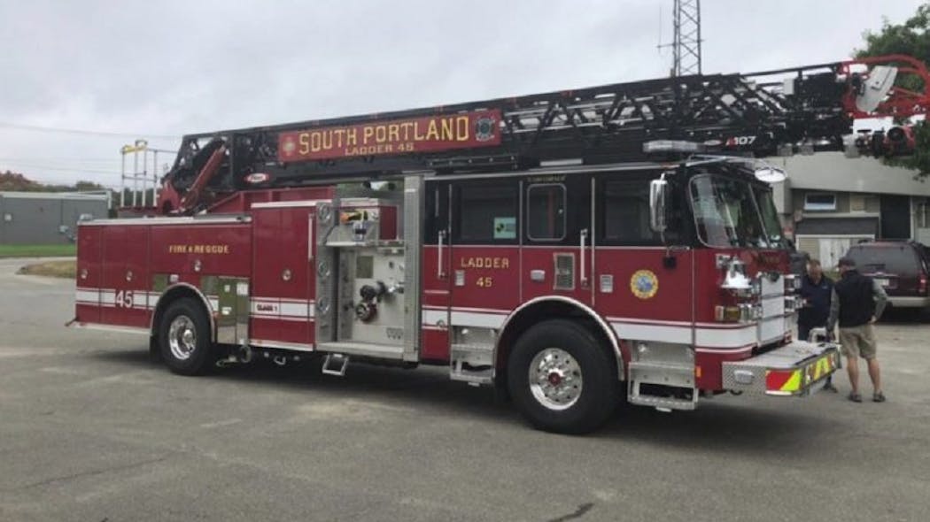 The South Portland Fire Department&apos;s brand new Pierce aerial ladder apparatus, which was damaged when a crew struck a power line with the aerial on Tuesday, Oct. 30, 2018.