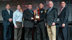 Firefighter Bryce Gutierrez of the Los Angeles Fire Department (LAFD) receiving the 2017 Firehouse Michael O. McNamee Award of Valor at Firehouse Expo in Nashville, TN, on Thursday, Oct. 18, 2018.