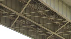 A view of the maintenance catwalks beneath the Blanchette Bridge in St. Charles, MO, where a man became stuck and had to be rescued by firefighters on Tuesday, Oct. 23, 2018.