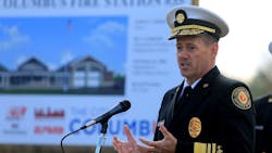 Columbus Fire Chief Kevin O&apos;Connor speaks at a groundbreaking ceremony for a new Far East Side fire station on Wednesday, Oct. 17, 2018.