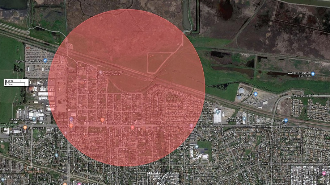 The evacuation zone in Bay Point, CA, during a fire at a Chevron gas vault on Wednesday. Oct. 17, 2018.