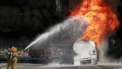 Los Angeles County firefighters put foam on a gasoline tanker which caught fire in Montebello, CA, in December 2011. Los Angeles County firefighters put foam on a gasoline tanker which caught fire in Montebello, CA, in December 2011.