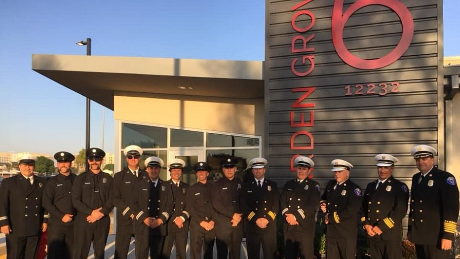 Garden Grove firefighters and officers during a ribbon-cutting ceremony to open a new station on Tuesday, Oct. 23, 2018.