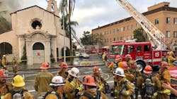 LAFD firefighters on scene during a fire at a historic Mission-style church in downtown Los Angeles on Thursday, Oct. 4, 2018. LAFD firefighters on scene during a fire at a historic Mission-style church in downtown Los Angeles on Thursday, Oct. 4, 2018.