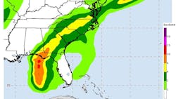 This info graphic shows the potential rainfall in inches along the projected path of Hurricane Michael. This info graphic shows the potential rainfall in inches along the projected path of Hurricane Michael.