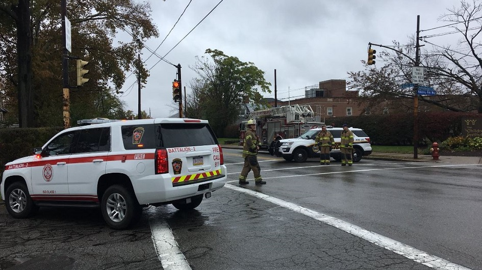 Pittsburgh firefighters on scene after a shooting at a synagogue left eight people dead on Saturday, Oct. 27, 2018.