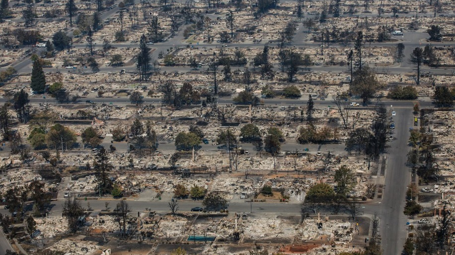 The Coffey Park neighborhood of Santa Rosa, CA, after it was leveled by the Tubbs Fire in October 2017.