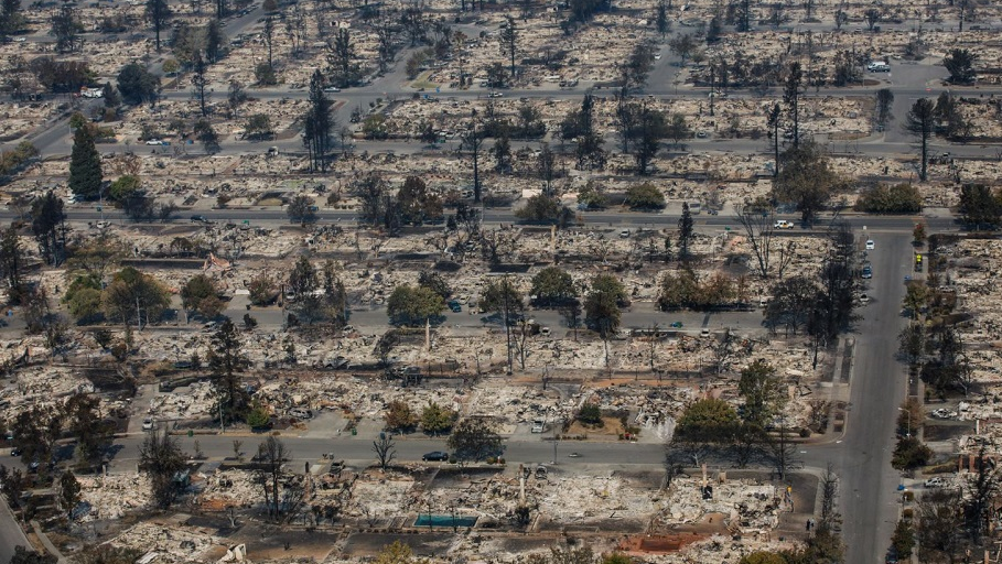 An aerial view of homes destroyed by wildfire in the Coffey Park neighborhood of Santa Rosa, CA, on Oct. 11, 2017.