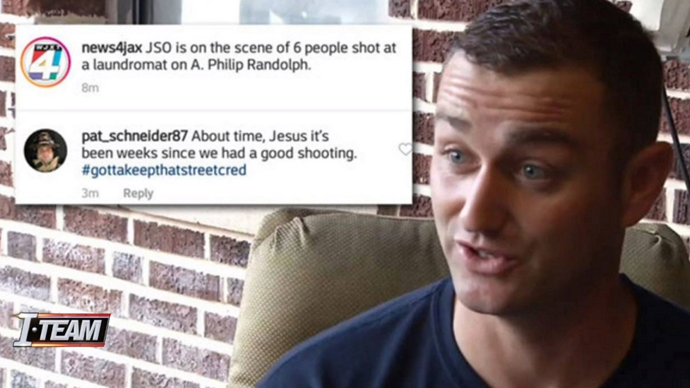 Jacksonville, FL, firefighter Pat Schneider next to a screen capture of the Instagram post that led to a recent reprimand.