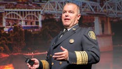 Philadelphia Fire Commissioner Adam K. Thiel delivers the keynote address during opening ceremonies for Firehouse Expo in Nashville, TN, on Thursday, Oct. 18, 2018.