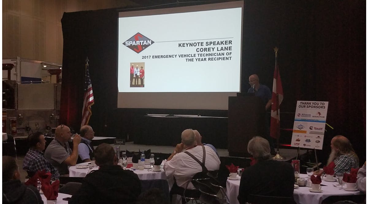 Corey Lane, from Loveland, CO, the 2017 EVT of the Year, gave the keynote address at Spartan Motors 2018 Fire Truck Training Conference in Lansing, MI