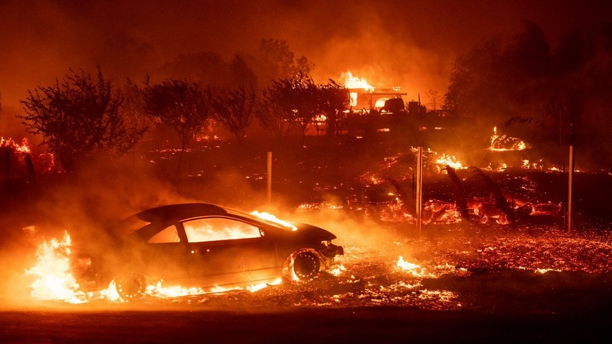 The Camp Fire burning through the town of Paradise, CA, on Nov. 8, 2018.