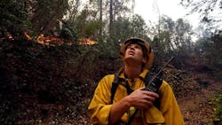 Firefighter Brian Carter of Weed, CA, keeps an eye on Camp Fire flames burning along the North Fork of the Feather River in Butte County on Sunday, Nov. 11, 2018.