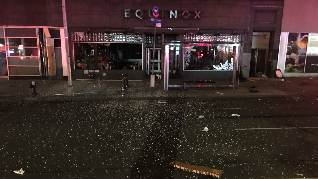 Shattered glass litters the street after an explosion at an Equinox Gym on the Upper West Side of Manhattan in New York City on Sunday, Nov. 25, 2018.