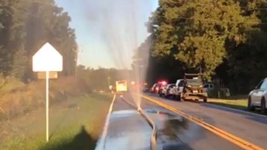 Water leaks from a damaged house after it was run over by an SUV during a house fire in Geistown, PA, on Oct. 23, 2018.