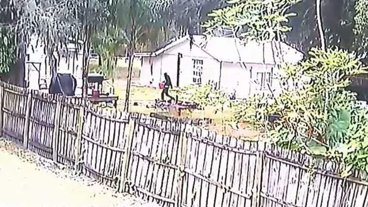 This image taken from surveillance footage shows a man carrying a gas canister before police say he intentionally set fire to a home in Clair-Mel City where three murder victims were found on Thursday, Nov. 15, 2018.