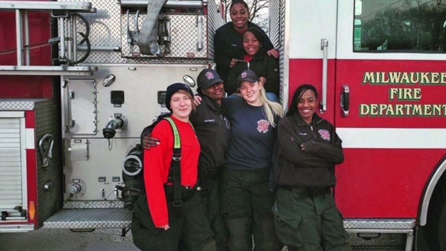 Milwaukee's first ever all-female duty crew consisting of Lt. Belinda Bradley, Capt. Sharon Purifoy, and firefighters Jessica Olson, Kendria Donaldson and Melanie Madden.