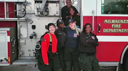 Milwaukee's first ever all-female duty crew consisting of Lt. Belinda Bradley, Capt. Sharon Purifoy, and firefighters Jessica Olson, Kendria Donaldson and Melanie Madden.