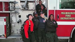 Milwaukee's first ever all-female duty crew consisting of Lt. Belinda Bradley, Capt. Sharon Purifoy, and firefighters Jessica Olson, Kendria Donaldson and Melanie Madden. Milwaukee's first ever all-female duty crew consisting of Lt. Belinda Bradley, Capt. Sharon Purifoy, and firefighters Jessica Olson, Kendria Donaldson and Melanie Madden.
