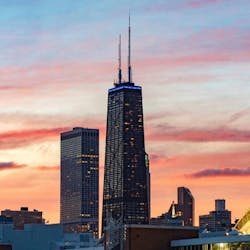 The famous Chicago skyscraper at 875 North Michigan Ave. formerly known as the Hancock Tower and the Sears Tower. The famous Chicago skyscraper at 875 North Michigan Ave. formerly known as the Hancock Tower and the Sears Tower.