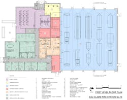 The SDA judges recommended the Eau Claire, WI, Fire Station 10’s decon layout for its design flow, which involved entering from the apparatus bay to the decon room, proceeding to gear laundry and hallway for access to two decon toilet/steam showers before exiting the clean laundry area to the living areas. The SDA judges recommended the Eau Claire, WI, Fire Station 10’s decon layout for its design flow, which involved entering from the apparatus bay to the decon room, proceeding to gear laundry and hallway for access to two decon toilet/steam showers before exiting the clean laundry area to the living areas.