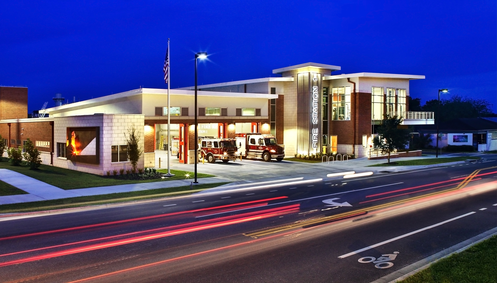 The two-story Gainesville, FL, Fire Station #1 [picture] has a three-story training tower and three fire poles.