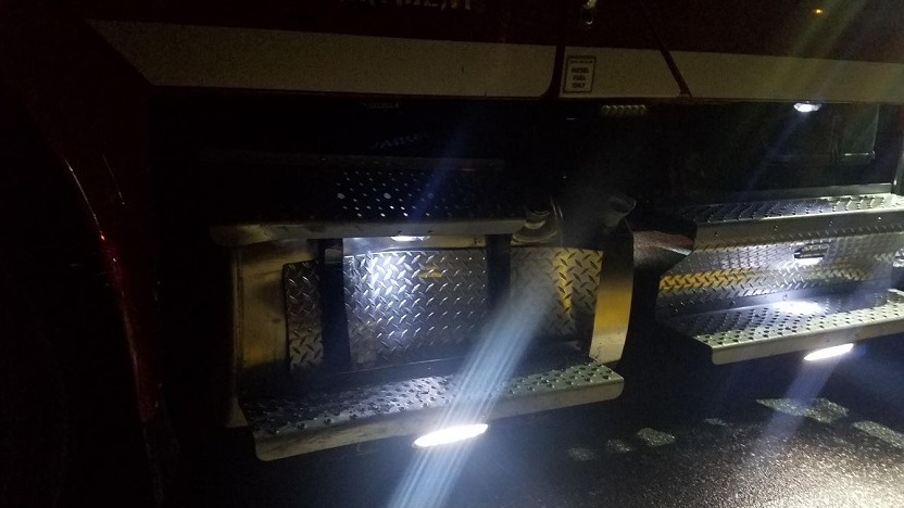 Damage can be seen on the rear of a Florahome-Grandin VFD apparatus after a driver struck the vehicle and fled the scene on Saturday, Dec. 1, 2018.