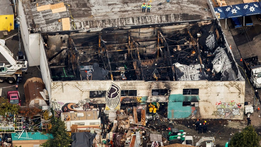 An aerial view of the Ghost Ship warehouse in Oakland, CA, after a fire claimed the lives of 36 people on Dec. 1, 2016.