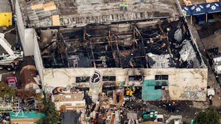 An aerial view of the Ghost Ship warehouse in Oakland, CA, after a fire claimed the lives of 36 people on Dec. 1, 2016.