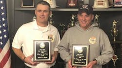 New Hope Assistant Fire Chief John Worley, left, and firefighter Jeff Young after receiving their awards for Officer and Firefighter of the Year. New Hope Assistant Fire Chief John Worley, left, and firefighter Jeff Young after receiving their awards for Officer and Firefighter of the Year.