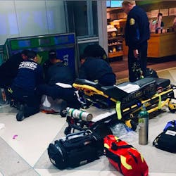 A firefighter&apos;s mom was returning to her Manchester, NH, home when she helped a man suffering a heart attack in the Philadelphia International Airport.