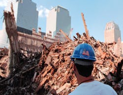 A worker stands at Ground Zero in New York City.