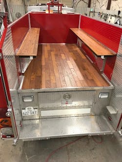 The Warrior has been transformed to serve as a caisson for firefighter funerals and local parades. Fold-up bench seats were added to each side of the rear passenger area.