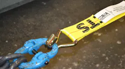 The twin hooks at both ends of the ratchet units were attached to the blue clevis links of the test machine for each destructive test. These hooks were properly loaded into the throat of the hook with the backs of the steel hooks facing downward towards the concrete floor. Photos by Ron Moore