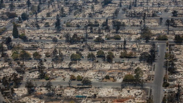 The Coffey Park neighborhood of Santa Rosa, CA, after it was leveled by the Tubbs Fire in October 2017.