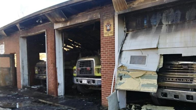Three pieces of destroyed apparatus can be seen after a fire at the Deputy Volunteer Fire Department's station in Jefferson County, IN, on Dec. 17, 2018.