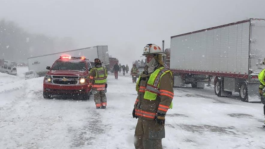Firefighters on scene after extreme weather conditions led to a 24-vehicle pileup along a roadway in Ottawa County, MI.
