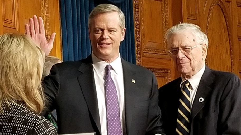 Massachusetts Gov. Charlie Baker is sworn into office on Jan. 3, 2019.