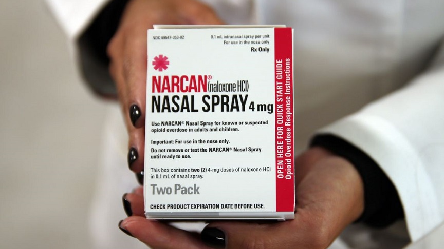 Naloxone nasal spray, sold under the brand name Narcan, is shown in 2016.