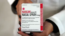 Naloxone nasal spray, sold under the brand name Narcan, is shown in 2016.