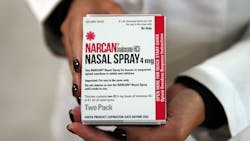 Naloxone nasal spray, sold under the brand name Narcan, is shown in 2016. Naloxone nasal spray, sold under the brand name Narcan, is shown in 2016.