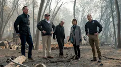 From left, Gov.-elect Gavin Newson, President Donald Trump, Gov. Jerry Brown, Paradise Mayor Jody Jones and FEMA Director Brock Long tour the Skyway Villa Mobile Home and RV Park after the devastating Camp Fire in Paradise, CA, on Nov. 17, 2018.